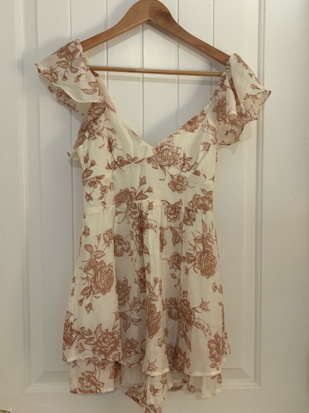 Altar’d State Cream Floral Ruffle Romper- Brown Floral Print